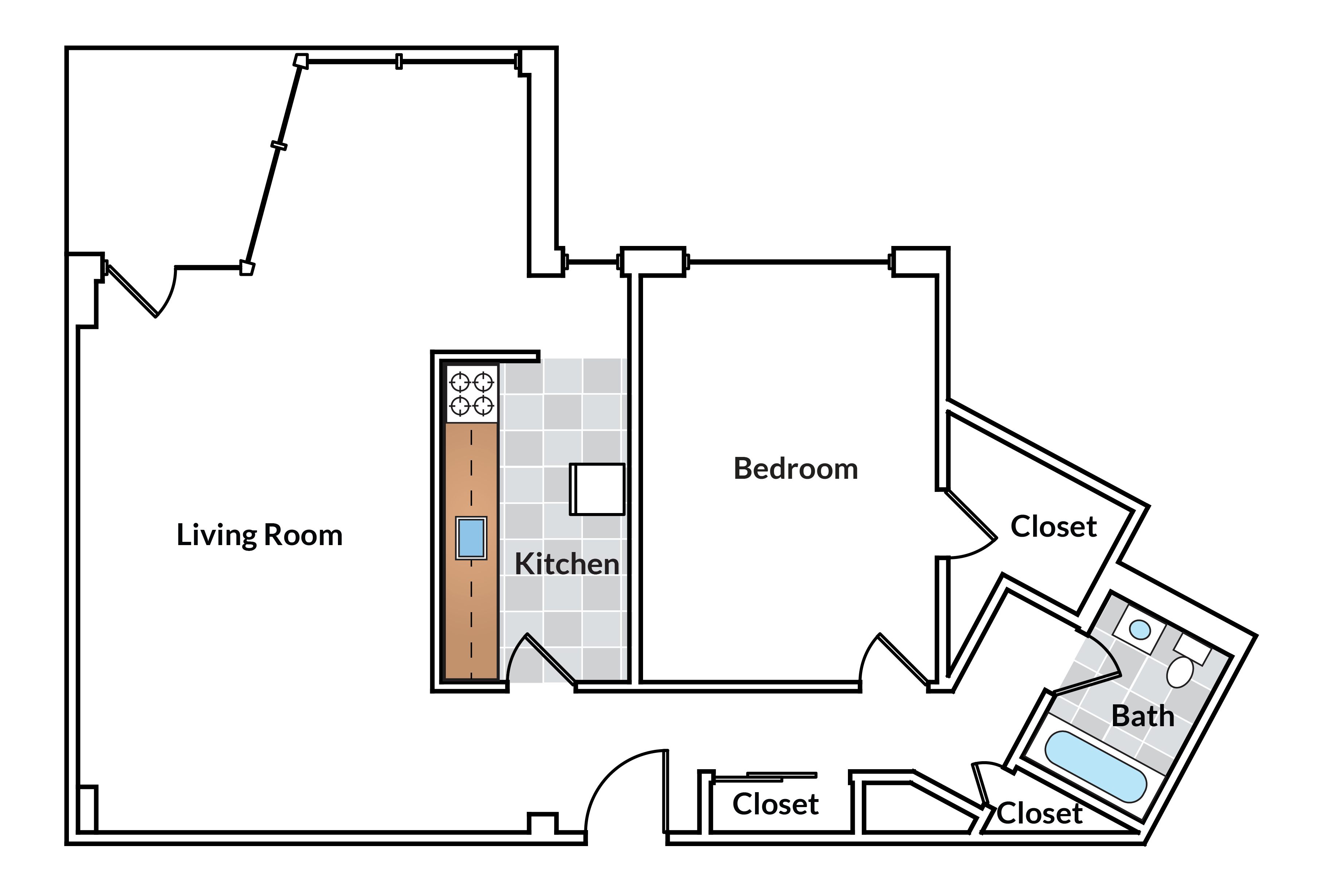 Floor plan for 1 bed, 1 bath, 883 sqft